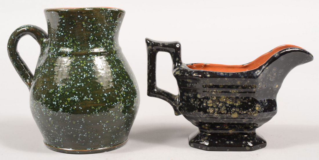 Two Breininger Marked Redware Pottery Pieces. A mol: Two Breininger Marked Redware Pottery Pieces. A molded sauce boat with octagonal form, raised foot, spout and handle. Exterior has a black glaze with yellow spots. Initialed and dated: 2010. 7 1/2"l.
