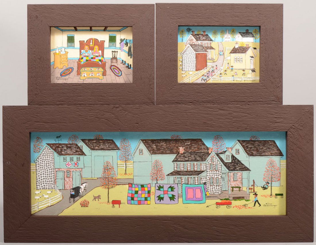 Three Dolores Hackenberger Paintings in Frame. Poly: Three Dolores Hackenberger Paintings in Frame. Polychrome oil on canvas of Amish rural life. All signed. Farmstead with quilts airing. 6 3/8"h. X 19 1/2"w. sight. Pa and Ma reading in bed along with a