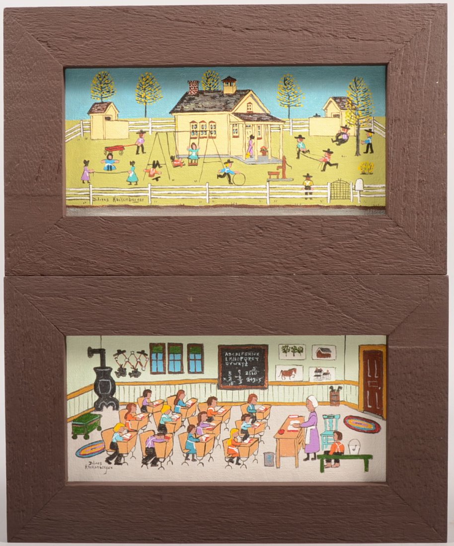Two Oil on Canvas Folk Scenes of Amish School. Both: Two Oil on Canvas Folk Scenes of Amish School. Both signed by Dolores Hackenberger, Lancaster, PA. One of one room school yard with children playing and the other of students inside at their desks. Bo