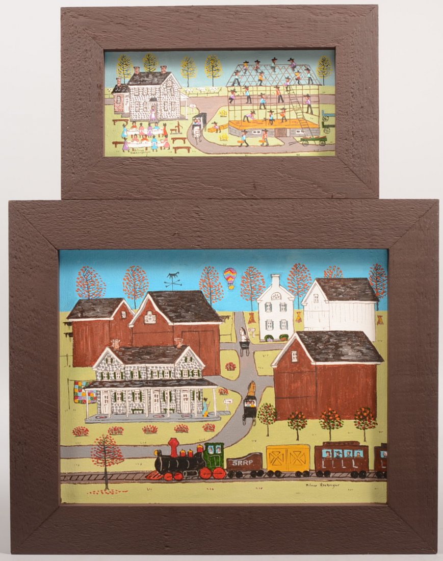 Two Dolores Hackenberger Signed Oil on Canvas. Larg: Two Dolores Hackenberger Signed Oil on Canvas. Larger image of an Amish farmstead with a Strasburg Railroad train passing before. Signed lower right. 10 3/8"h. X 13 3/8"w. sight. Along with a smaller 