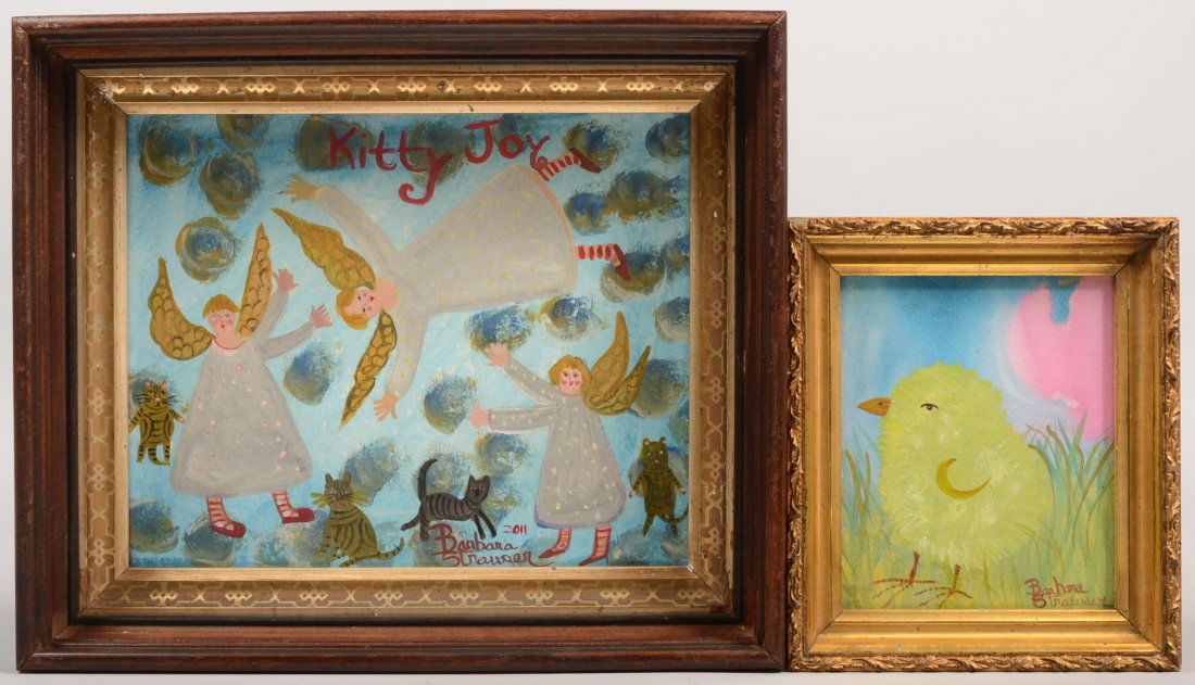 Two Barbara Strawser Folk Paintings in Old Frames.: Two Barbara Strawser Folk Paintings in Old Frames. Larger of "Kitty Joy" with three angels and four cats floating in space. Displayed in an old walnut deep frame with gilt fillet. 8 3/8"h. X 10 3/8"w.