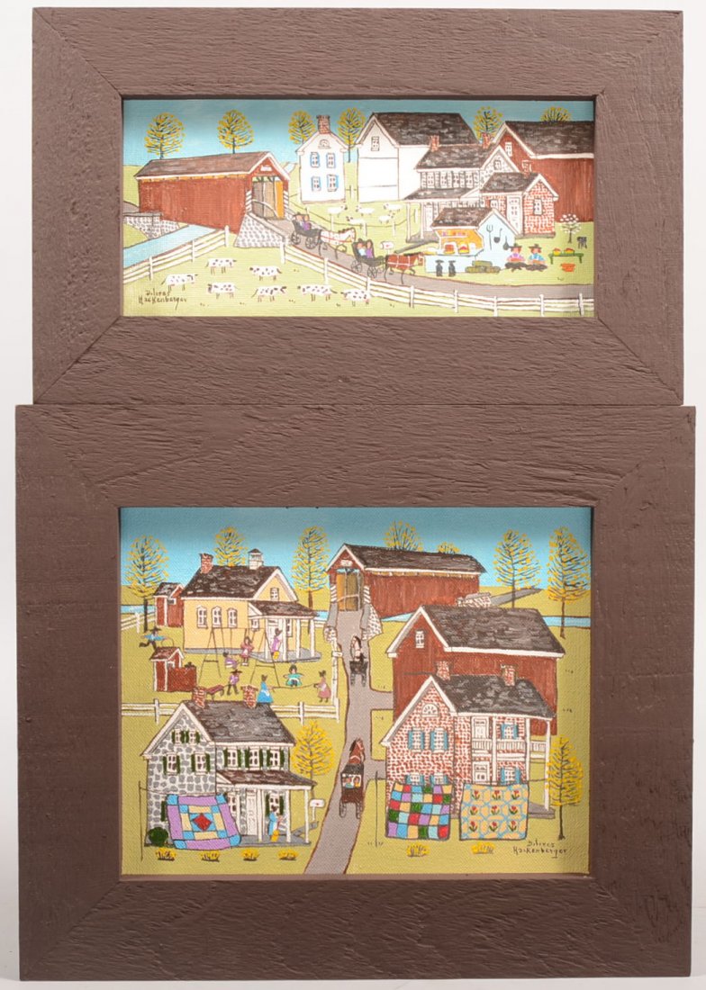 Two Dolores Hackenberger Signed Oil on Canvas. Larg: Two Dolores Hackenberger Signed Oil on Canvas. Larger image of an Amish farmstead with quilts airing and a one room school with children. Mounted in a wide brown wood frame, 11 1/2"h. X 13 1/2"w. over