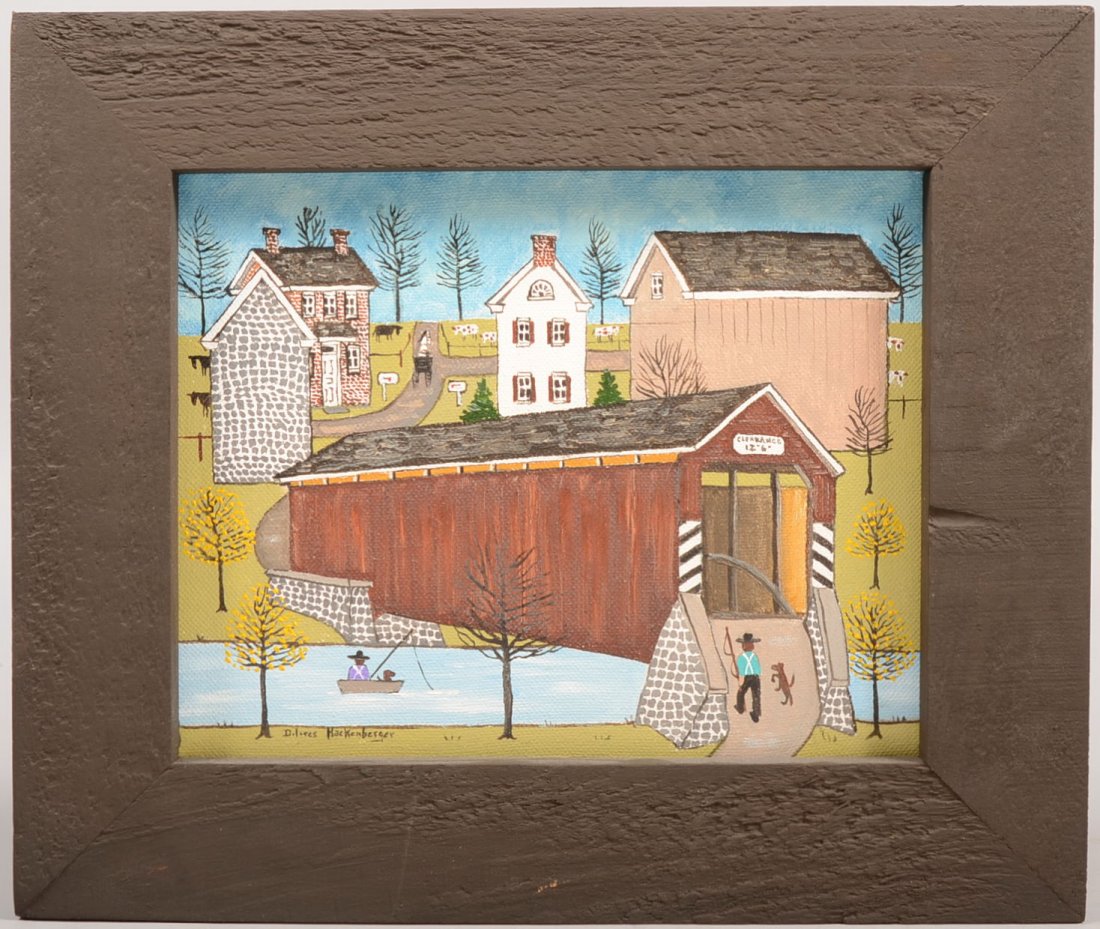 Dolores Hackenberger Oil on Canvas. Naïve view of a: Dolores Hackenberger Oil on Canvas. Naïve view of an Amish farmstead at a Covered Bridge entitled: "Goin' Fishin'." An 8" X 10" canvas in a simple charcoal painted wood frame, 11 1/2"h. X 13 1/2"w. o