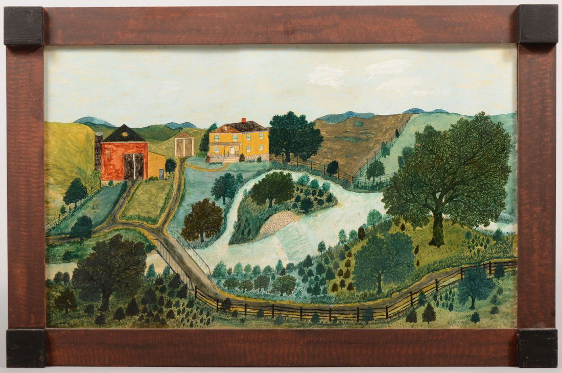 Naive Tempera Farmscape with Creek and River. Barn,: Naive Tempera Farmscape with Creek and River. Barn, house, outbuildings, river road and many trees in this broad overview. Signed "Tucker" in lower right. Mounted in a stipple painted wood frame with