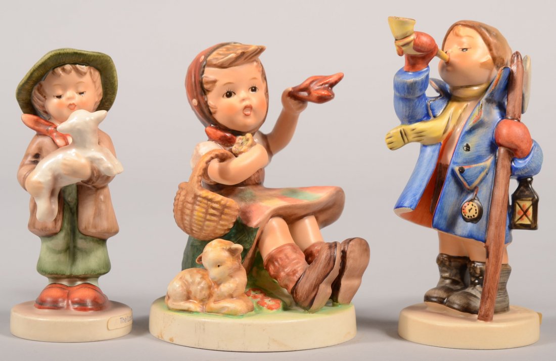 Three Hummel Figures, TMK-6. #65 Farewell, initiale: Three Hummel Figures, TMK-6. #65 Farewell, initialed and dated, (19)81, 4 3/4"h.; #63 The Lost Sheep, signed and dated, (19)81, 4 1/2"h.; #15/0, Hear ye, Hear ye, signed and dated, (19)80, 5 1/8"h.
