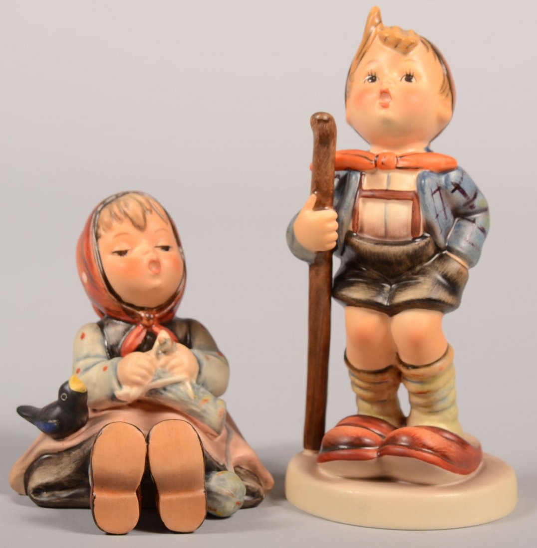 Two Hummel Figures, TMK-5. #69 Happy Pastime, 3 1/: Two Hummel Figures, TMK-5. #69 Happy Pastime, 3 1/4"h. Along with #16-I, Little Hiker, 5 1/2"h.