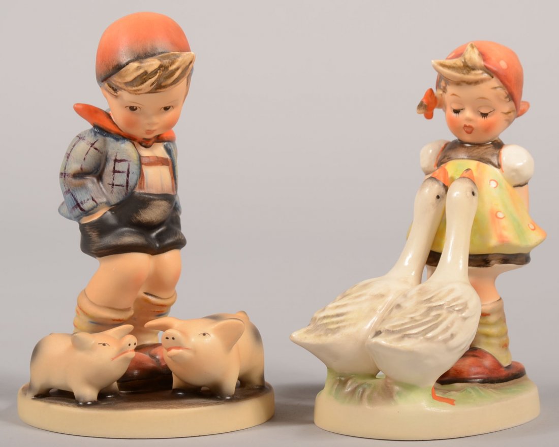 Two Hummel Figures, TMK-5. # 47/0 Goose Girl, 4 3/: Two Hummel Figures, TMK-5. # 47/0 Goose Girl, 4 3/4"h. Along with #66 Farm Boy, has a doughnut ring base, 5 1/4"h.