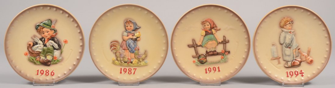Four Hummel Annual Plates,1986, 1987, 1991, 1994. : Four Hummel Annual Plates,1986, 1987, 1991, 1994. 1986 back marks include: Hum 279, Playmates, TMK-6, 1973. 7 1/2"dia. 1987 back marks include: Hum 283, Feeding Time, TMK-6, 1984. 1991 back marks incl