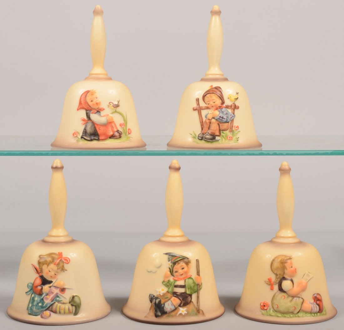 Five Hummel Annual Hand Bells. 1981 thru 1985. 198: Five Hummel Annual Hand Bells. 1981 thru 1985. 1981: Hum 414, In Tune, TMK-6, 1978. 1982: Hum 174, She Loves Me, TMK-6, 1978. 1983: Hum 432, Knit One, TMK-6, 1980. 1984: Hum 315, Mountaineer, TMK-6, 1
