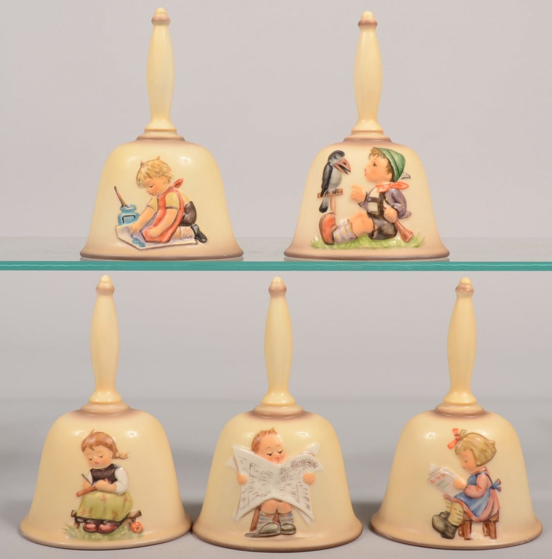 Five Hummel Annual Hand Bells. 1986 thru 1990. 198: Five Hummel Annual Hand Bells. 1986 thru 1990. 1986: Hum 433, Sing Along, TMK-6, 1980, this piece also has a doughnut ring on bottom; 1987: Hum 309, With Loving Greetings, TMK-6, 1984; 1988: Hum 367, 
