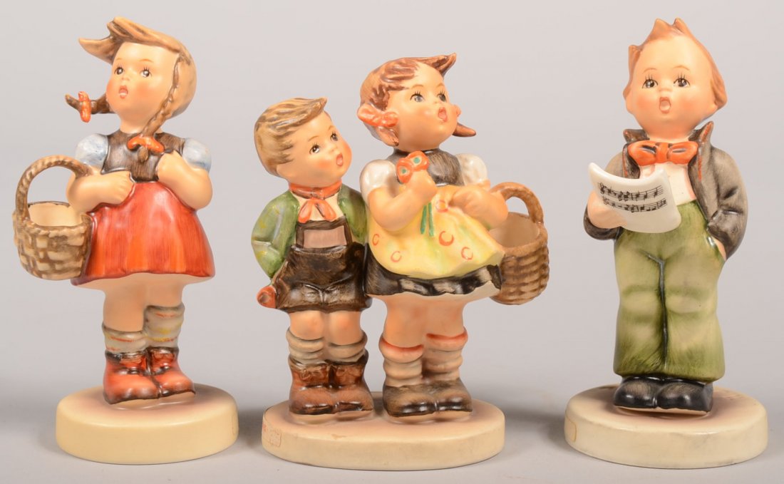 Three Hummel Figures. Hum 96, Little Shopper, TMK-: Three Hummel Figures. Hum 96, Little Shopper, TMK-7, artist's initials with date: (19)93, 4 3/4"h.; Hum 49 3/0, To Market, artist's initials and date: (19)80, TMK-6, 4"h.; Hum 135, Soloist, artist's i