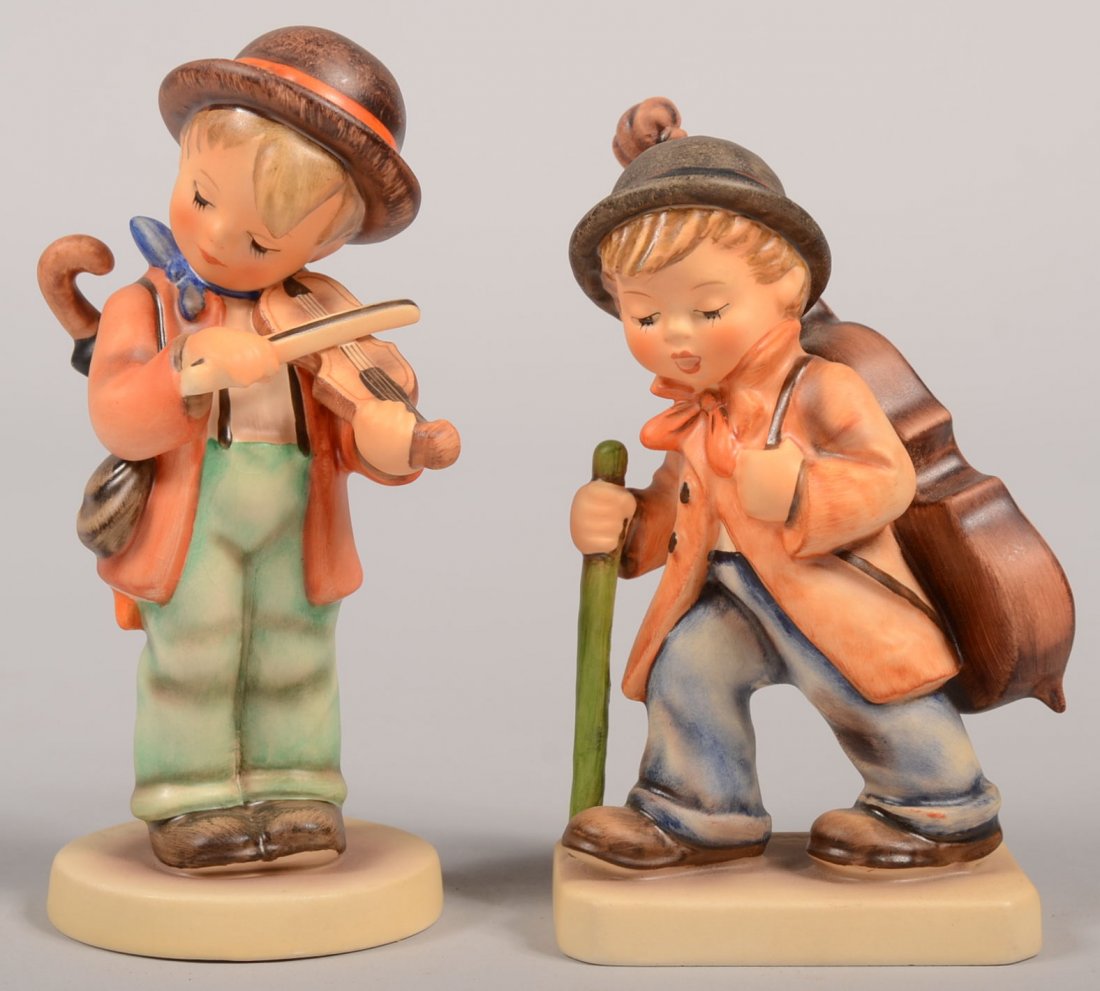 Two Musical Hummel Figures, TMK-5. Hum 2/0, Little: Two Musical Hummel Figures, TMK-5. Hum 2/0, Little Fiddler, bottom has a doughnut ring, 6"h. Along with Hum 89/I, Little Cellist, 6"h.