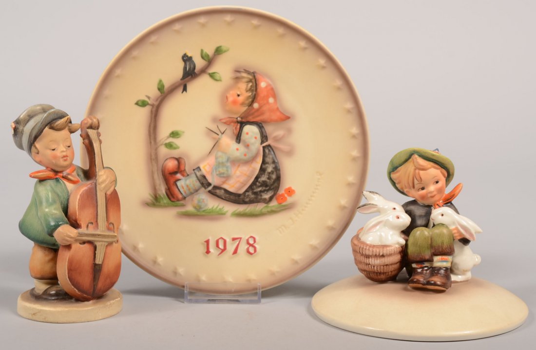 Hummel Mixed Group. Hum 186, bottom has doughnut: Hummel Mixed Group. Hum 186, bottom has doughnut ring and printed black "Germany." 5 1/4"h. Hum III/58 partial, Playmates Candy Box lid only, TMK-unknown, 4 1/4"h.; 1978 Annual Plate with Hum 271 "Hap