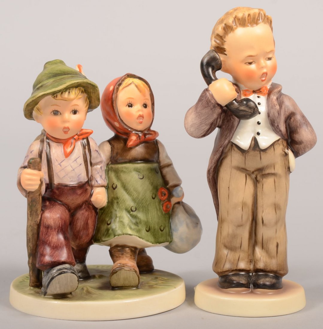 Two Hummel Figures with Cartons, TMK-6. Hum 383, G: Two Hummel Figures with Cartons, TMK-6. Hum 383, Going Home, doughnut ring on bottom with artist's initial and dated: (19)85. Also impressed date: 1972. 5"h. Along with Hum 124/0, Hello, doughnut ring