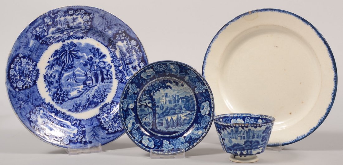Three Blue Decorated China Dinnerware Items. An Ad: Three Blue Decorated China Dinnerware Items. An Adams type handless cup and saucer in a blue transfer titled: "Castle Toward, J. Hall & Sons." 2 3/4"h. X 5 1/2"dia.; a blue transfer dish with an Asian