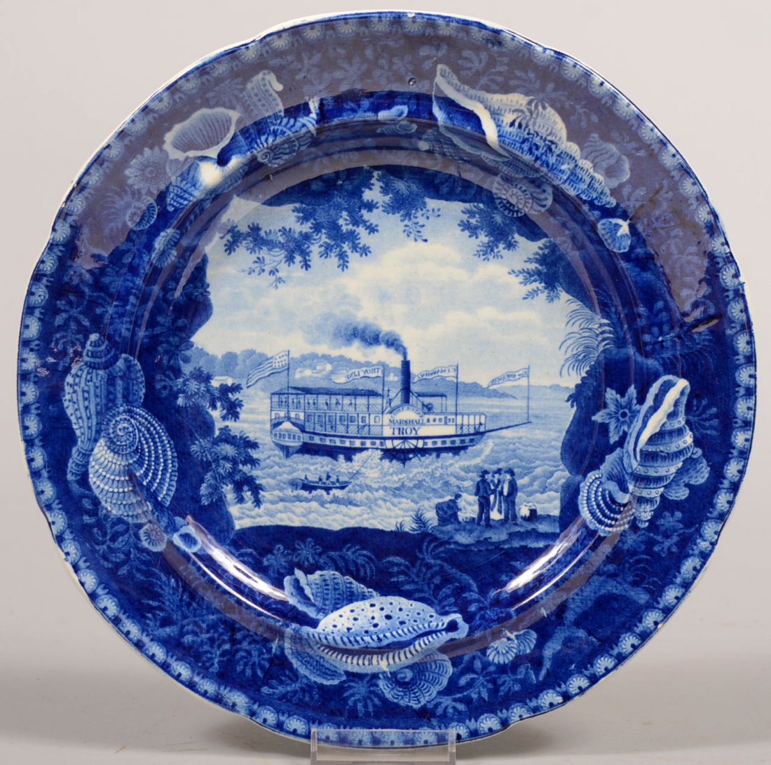 Historic Steamboat Blue Transfer Dish. Center imag: Historic Steamboat Blue Transfer Dish. Center image of the "Chief Justice Marshall" of the Troy Line. Shows side-wheeler under power on the Hudson. Surrounded by a seashell border. Attributed to Enoch