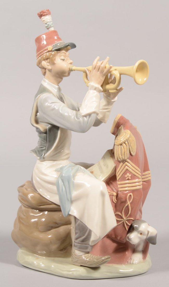 Lladro Cast Norman Rockwell Series Sculpture. Mode: Lladro Cast Norman Rockwell Series Sculpture. Model 1408G "Practice Makes Perfect." A young trumpeter in his work apron sitting with his band coat with music on chair seat practicing. One of a limited