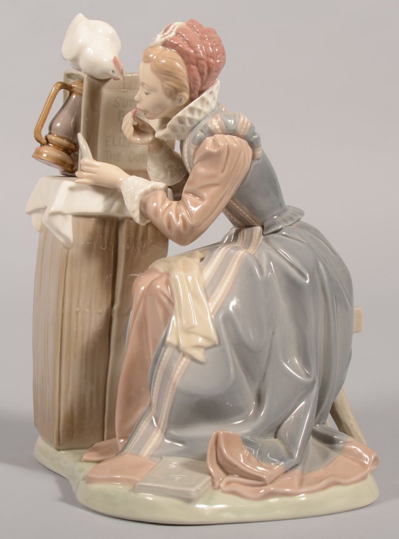 Lladro Cast Norman Rockwell Series Sculpture. Mode: Lladro Cast Norman Rockwell Series Sculpture. Model 01011407, "Summer Stock." Young woman in costume of Queen Elizabeth checking her make-up at a crate vanity with lantern light and a chicken. Marked 