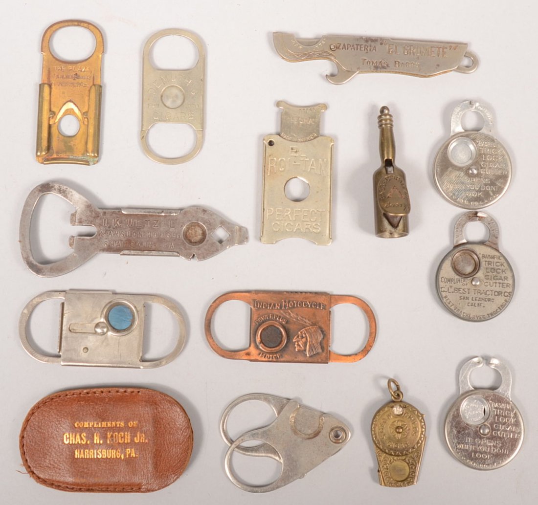 Thirteen Advertising Cigar Tip Cutters. Assorted s: Thirteen Advertising Cigar Tip Cutters. Assorted styles. Advertisers of note: Demuth's Cigars, Lancaster, PA.; Indian Motorcycles, Hendee Mfg. Co., Springfield, Mass.; Bass & Co's. Pale Ale in a bottl
