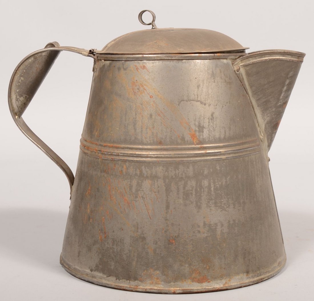 Tinned Iron Coffee Pot. Wide conical body has mid-: Tinned Iron Coffee Pot. Wide conical body has mid-section molding band, applied spout, loop handle with grip and a domed lid with hinge and thumb piece. 8 3/8"h. X 8 1/4"dia.