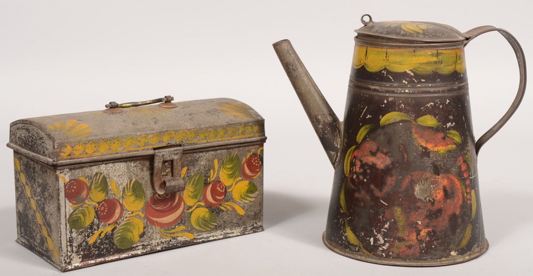 Two Pieces of Tole Painted Tinned Sheet Iron. A sm: Two Pieces of Tole Painted Tinned Sheet Iron. A small rectangular document box with brass two post pull on domed hinged lid with hasp. Along with a conical coffee pot with applied straight spout and l