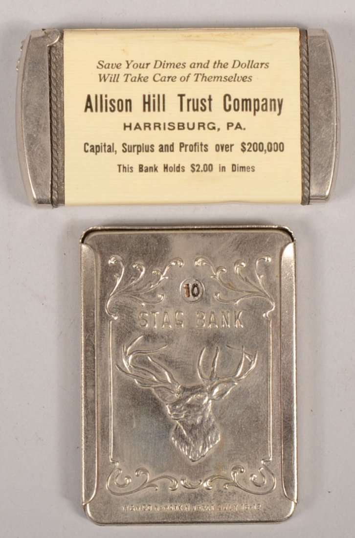Two Small Pocket Coin Banks. Size and shape of a m: Two Small Pocket Coin Banks. Size and shape of a match safe. One marked: "Allison Hill Trust Co., Harrisburg, PA., 2 5/8"l. X 1 3/8"w. Another nickel plated model marked: "STAG Tobacco, Stag Bank. W &