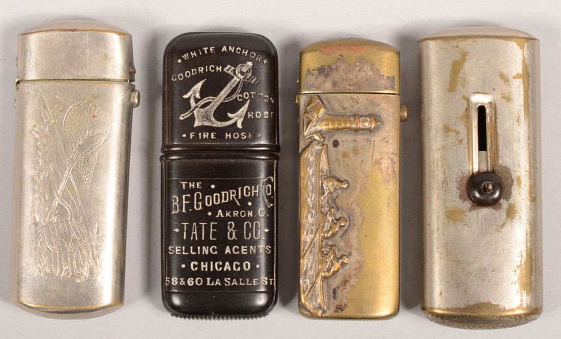 Four Similar Type Match Safes. Three nickel plated: Four Similar Type Match Safes. Three nickel plated brass safes. One with an applied relief on a crew rowing a boat and a lighthouse, 2 3/4"l.; another with fishing equipment engraved on both sides, 2