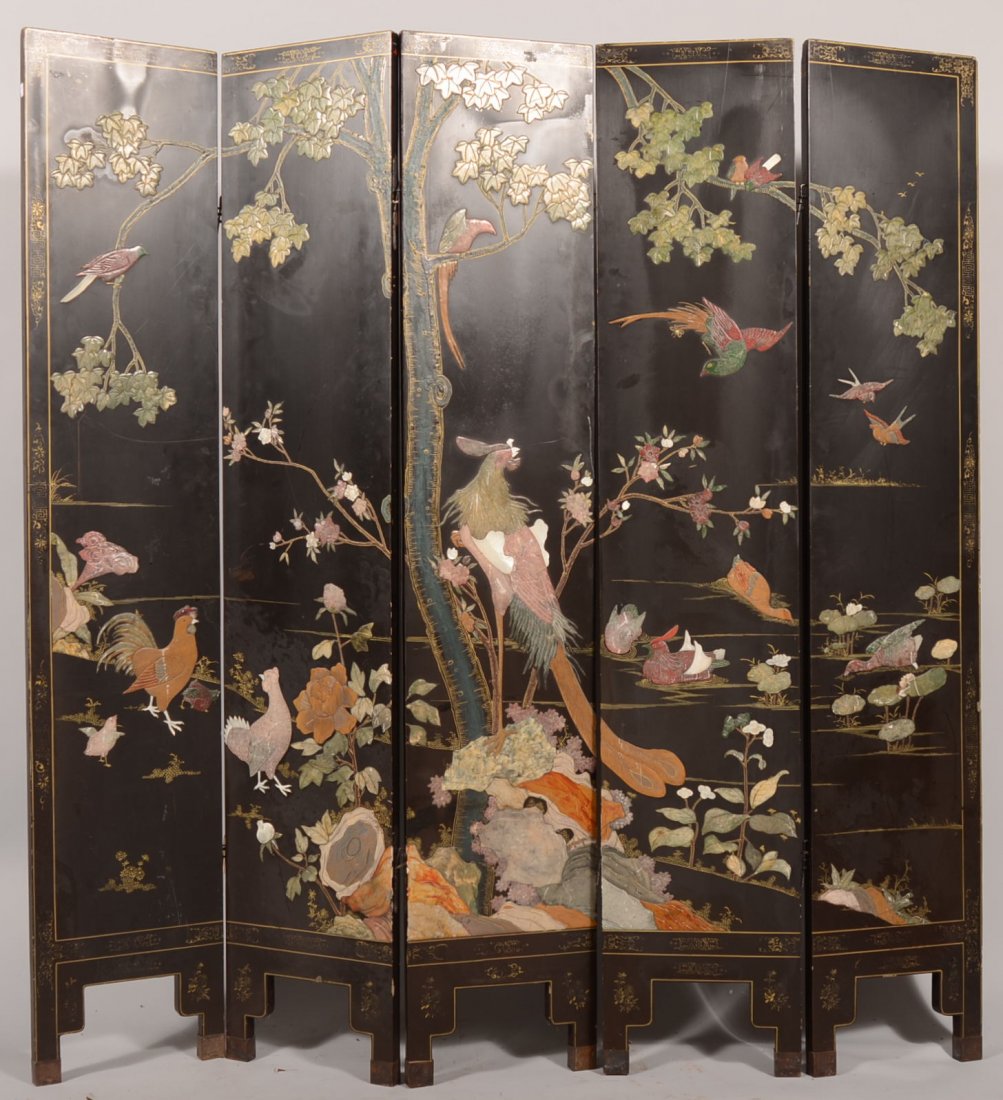 Five Panel Chinese Decorated Dressing Screen. One : Five Panel Chinese Decorated Dressing Screen. One part of the whole image on each screen showing a garden view of a variety of exotic birds, flowers, tree branches with leaves, water and lilies all fa