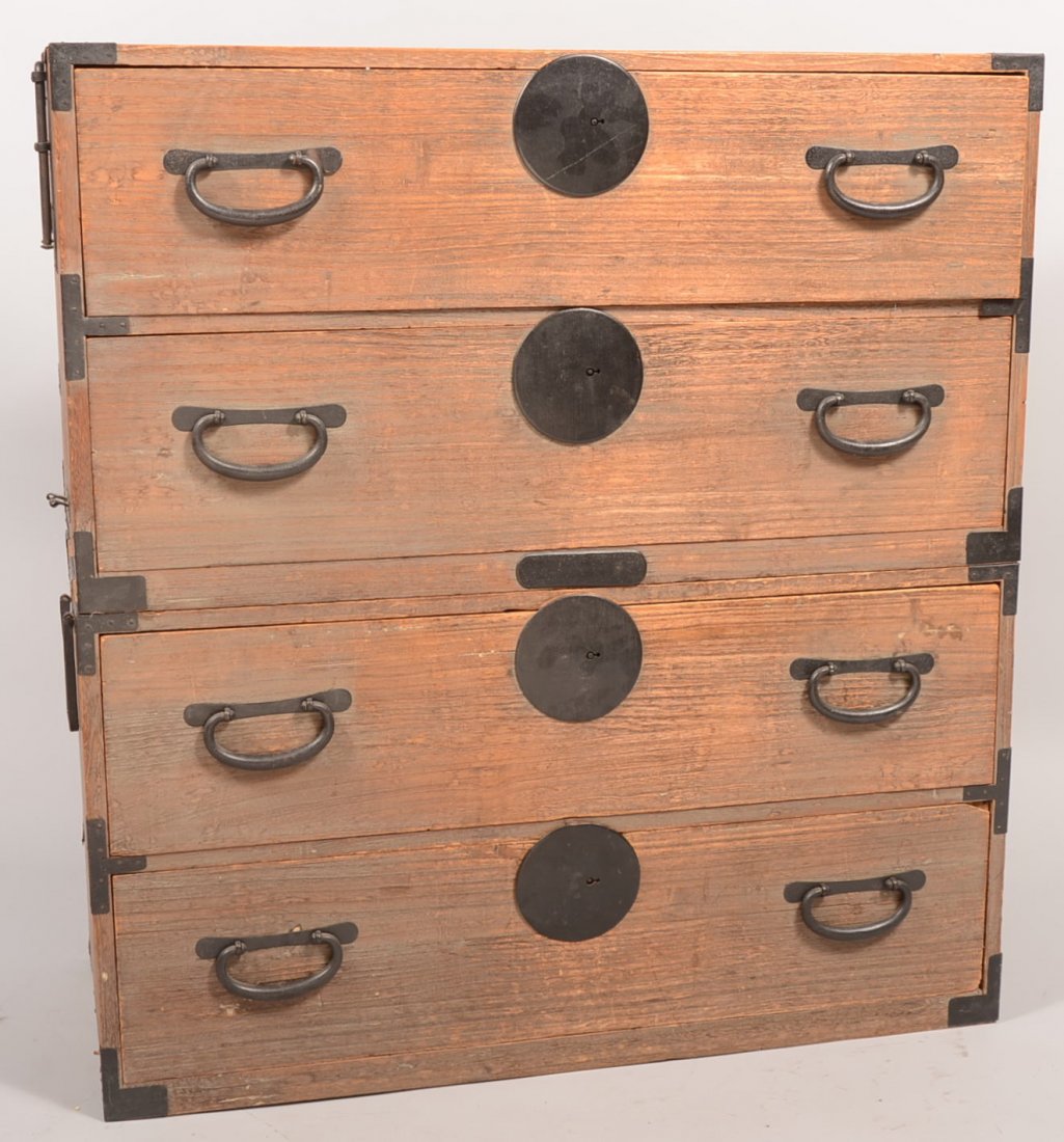 Two Piece Four Drawer Limed Traveling Chest. Each : Two Piece Four Drawer Limed Traveling Chest. Each unit has drop handles on sides and drawer fronts with large circular key escutcheons and joint braces all painted black. Each unit: 19 1/4"h. X 36 1/4