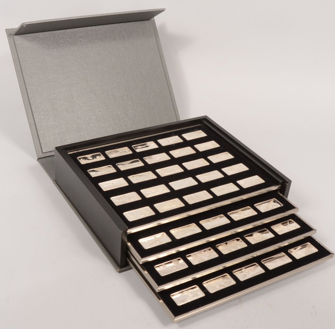 The Official Air and Space Ingot Collection. First: The Official Air and Space Ingot Collection. First (only) Edition Proof Set, Solid Sterling Silver, produced by The Franklin Mint. Trayed in a custom gray leatherette case and accompanied by an album 
