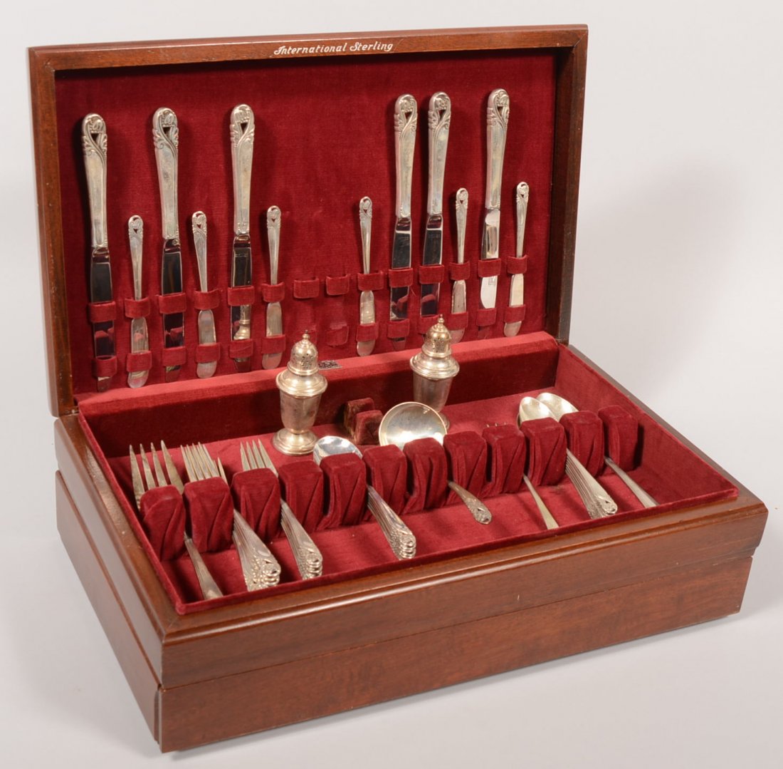 Sterling Silver Flatware Set for Six in Case. Mark: Sterling Silver Flatware Set for Six in Case. Marked: International Silver Co., Spring Glory pattern, this set for six includes: stainless steel bladed knives with sterling handles(unweighed) dinner f