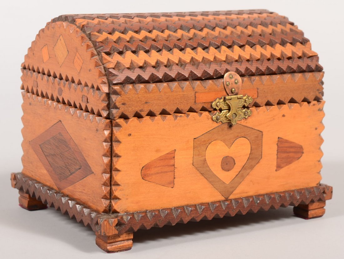Dome Lid Chip Carved Bi-color Trinket Box. Bentwoo: Dome Lid Chip Carved Bi-color Trinket Box. Bentwood lid is covered with light and dark chip carved strips of wood with brass latch and a chip carved border to base. The box itself is light colored wit