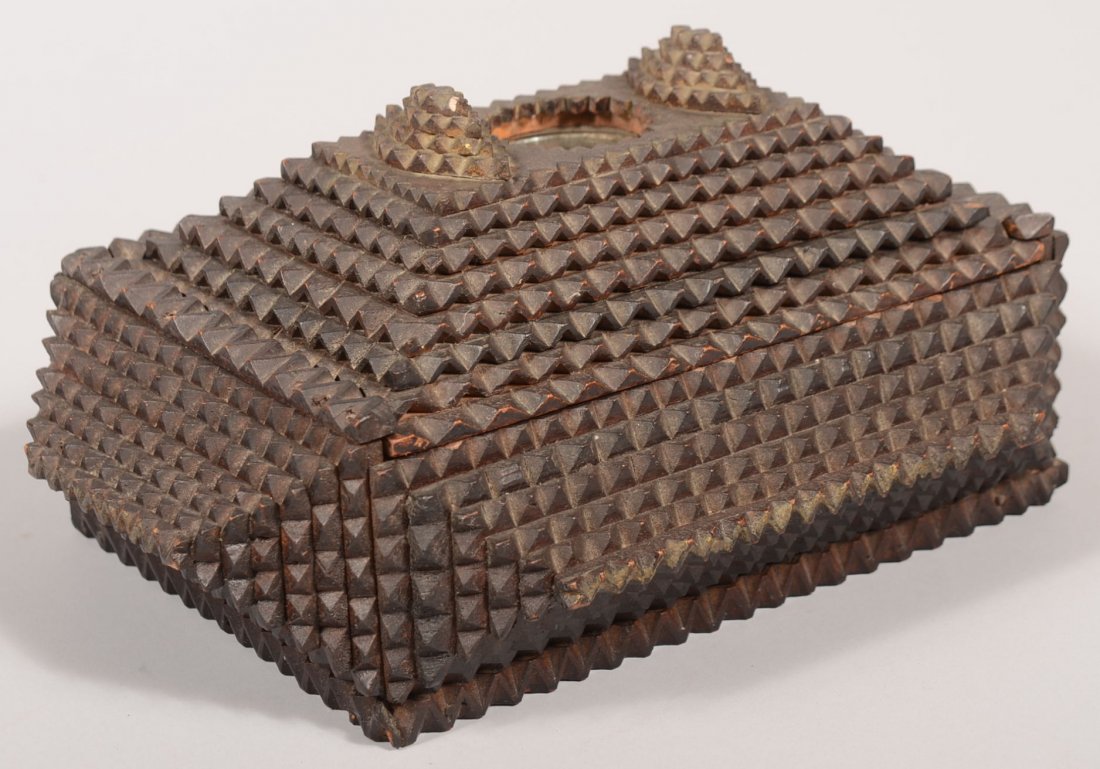 Dark Stained Chip Carved Slide Lid Trinket Box. Ea: Dark Stained Chip Carved Slide Lid Trinket Box. Each side and lid has one multiple layer, chip carved pyramid in a dark satin. Slide lid also has two small four layer pyramids flanking a small circula