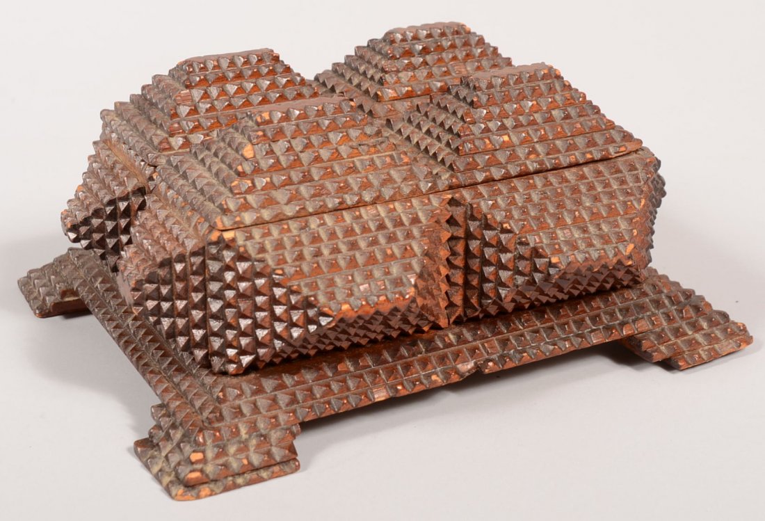A Four Square Trinket Box of Twelve Carved and Sta: A Four Square Trinket Box of Twelve Carved and Stacked Pyramids. Single cavity box is lined with blue satin and rests on a beveled edge base of three off-set layers and four feet to match. 4 3/8"h. X 