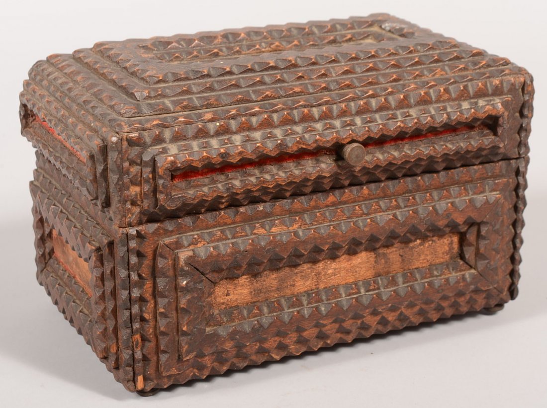 Tramp Art Hinged Lid Trinket Box. Rectangular box : Tramp Art Hinged Lid Trinket Box. Rectangular box has chip carved strips framed around red velvet lined panels. Small brass knobs for feet and a lid pull. Interior has red stain and a green wool pin c