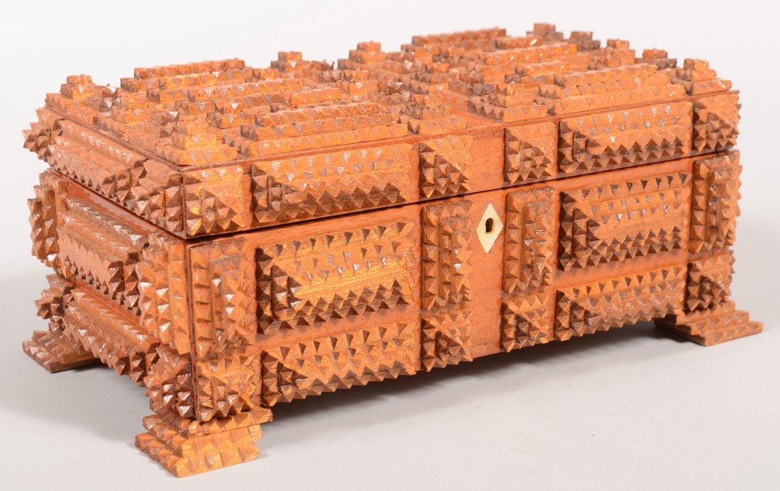 Rectangular Chip Carved Tramp Art Style Trinket Bo: Rectangular Chip Carved Tramp Art Style Trinket Box. Custom made box has many square and rectangular three layer pyramids covering the hinged lid and case sides. Box has a complete lock with key and i