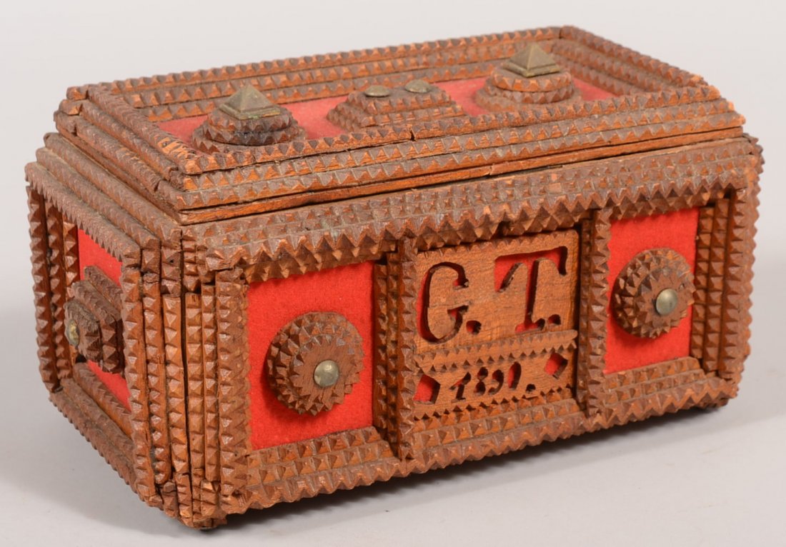 German Tramp Art Dresser Box. Box case and lid sur: German Tramp Art Dresser Box. Box case and lid surface covered with red felt upon which layered chip carved strips of wood frame each surface and include rosettes and rectangles with brass colored tac