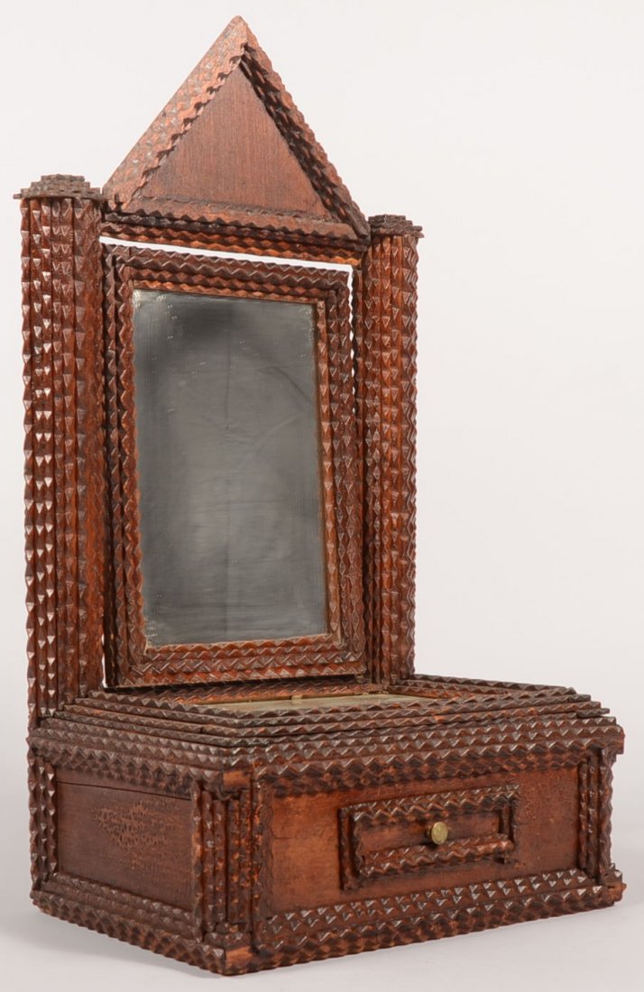 Tramp Art Style Bureau Top Dressing Mirror Stand. : Tramp Art Style Bureau Top Dressing Mirror Stand. Base case framed out with graduated chip carved wood strips and includes a small drawer on front. Top deck has a diamond decorated mirror plate. Back 
