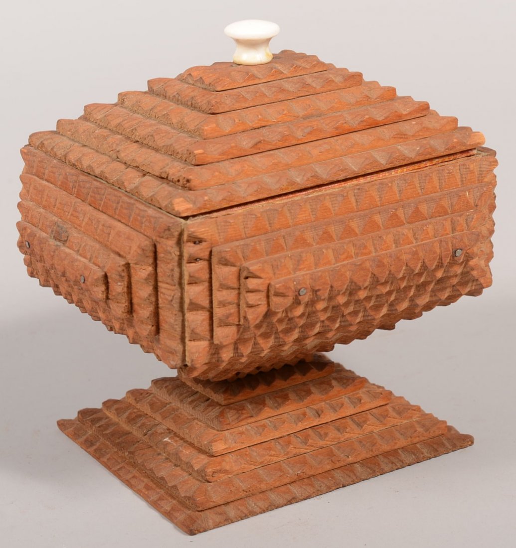 Tramp Art Style Pedestal Box. Unfinished chip carv: Tramp Art Style Pedestal Box. Unfinished chip carved wood box has single layered pyramids on each side including lift lid and bottom. Pedestal base is graduated and stacked to meet bottom of box. Lid 