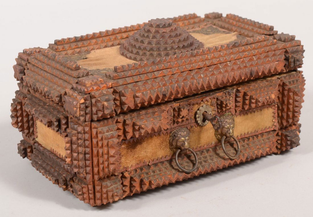 Tramp Art Style Dresser Box with Wind-up Music Dev: Tramp Art Style Dresser Box with Wind-up Music Device. Box is covered with strip and rosette chip carved pyramids. A large rosette on the hinged lid on a velvet field panel with brass corner pieces. B