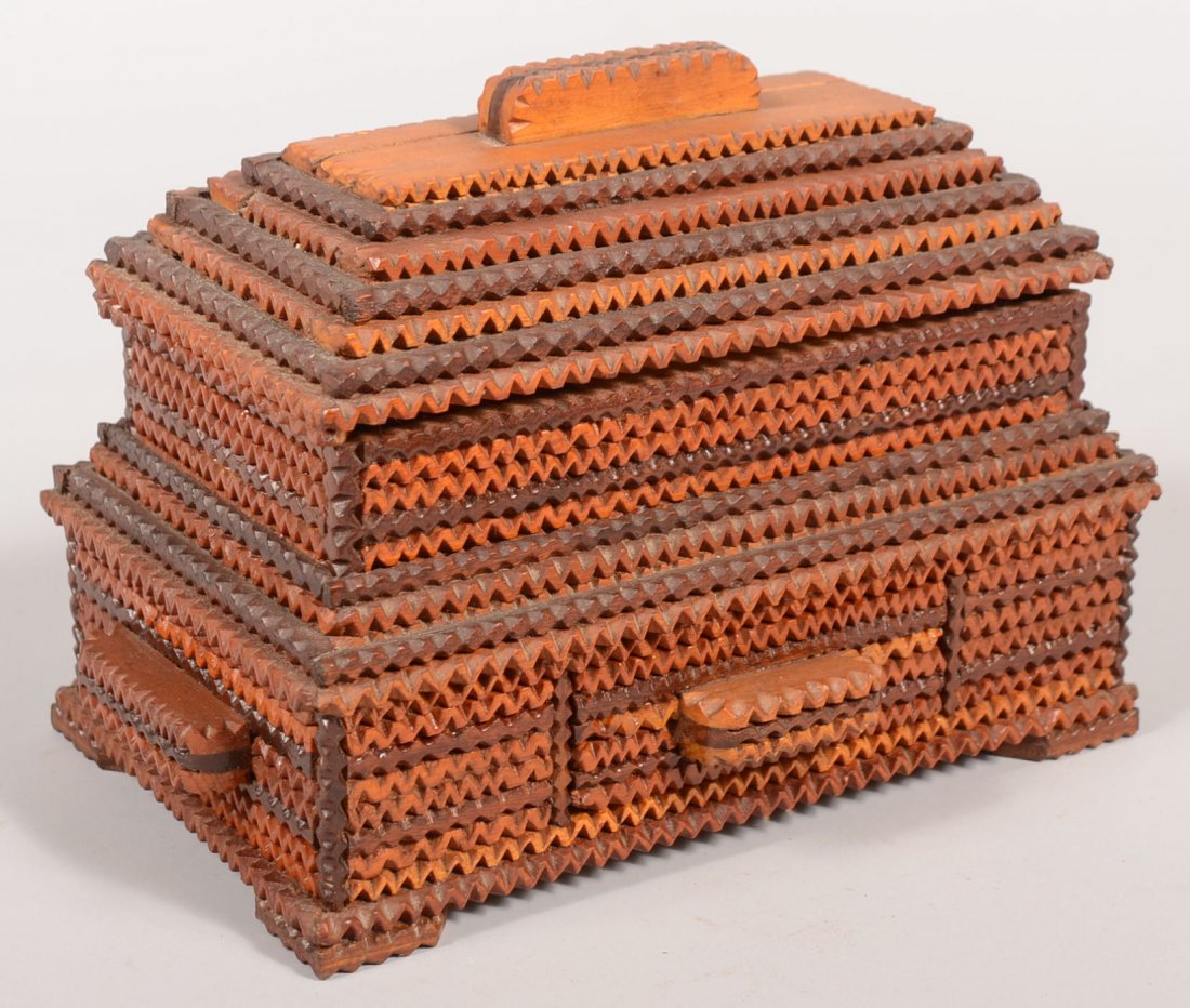 Two Tier Tramp Art Style Chip Carved Trinket Box. : Two Tier Tramp Art Style Chip Carved Trinket Box. Stacks of single and double chip carved strips and edges make up this hinged lid box with alternating light and dark stained wood. To opens to a shall