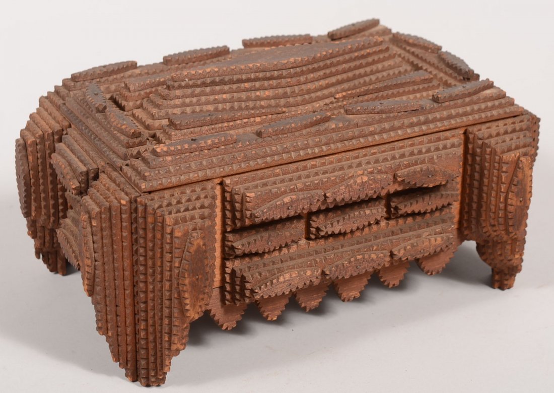 Tramp Art Style Trinket Box. Multiple graduated st: Tramp Art Style Trinket Box. Multiple graduated stacks of chip carved wood on an old cigar box. Hinges added to lid and interior is lined with gold and purple colored velvet. Exterior corners have bee