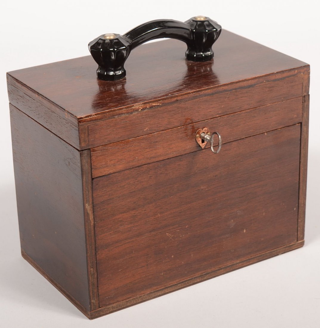 Homemade Painted Coin Box . Small hardwood veneer : Homemade Painted Coin Box . Small hardwood veneer box has locked hinged lid with double black glass drawer pull and heart shaped escutcheon that reveals a shallow tray. The flat face panel is held in 