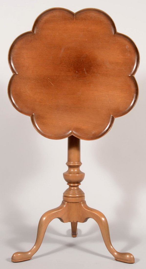 Mahogany Kittinger Tilt Top Tea Table. Scalloped t: Mahogany Kittinger Tilt Top Tea Table. Scalloped top rim, vasiform column and snake head cabriole legs with foot pads. Plate on bottom: "Old Dominion, Richmond, Va. #777-W.A." 26 3/4"h. X 19 1/2"dia.