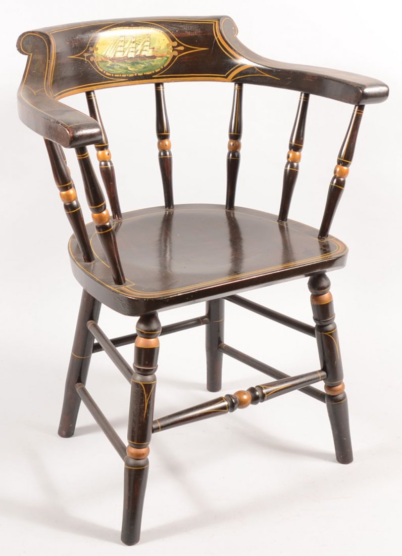 Painted Firehouse Lowback Windsor Armchair. Painte: Painted Firehouse Lowback Windsor Armchair. Painted black overall with a color oval tablet to center back top rail depicting a three masted schooner flying an American flag. Additional gold highlights