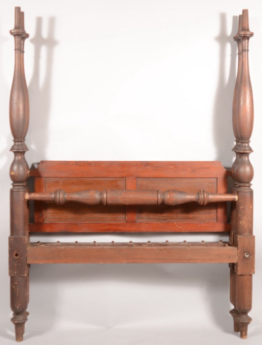 Sheraton Stained Softwood High Poster Bed. Double: Sheraton Stained Softwood High Poster Bed. Double vasi-form posts, similar styled turned foot rail and famed panel headboard. Four beveled bed rails with rope knobs. 83"h. X 60 1/2"l. X 52"w.