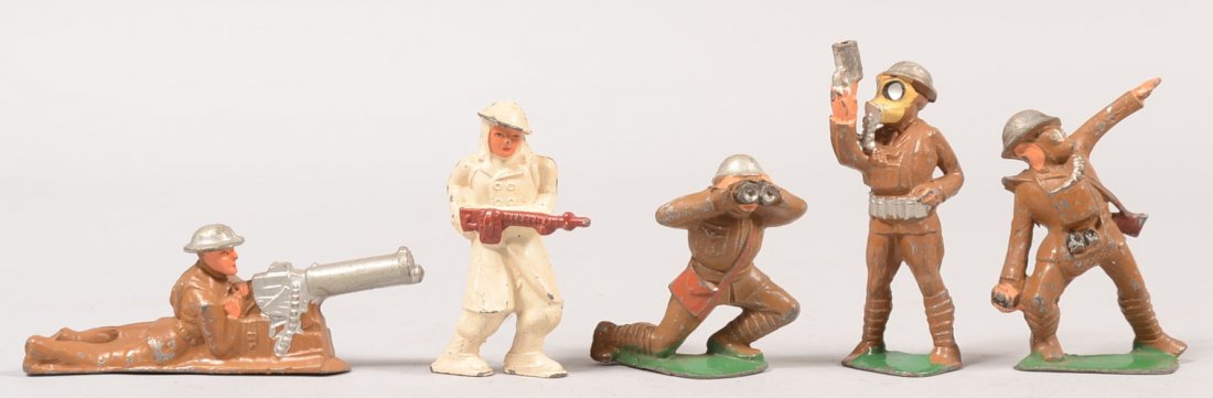 Five Painted Cast Metal Soldiers. A flare shooter : Five Painted Cast Metal Soldiers. A flare shooter with gas mask, a crouching soldier with binoculars, a semi-prone soldier with machine gun, grenade thrower and a winter white uniformed gunner, no ski