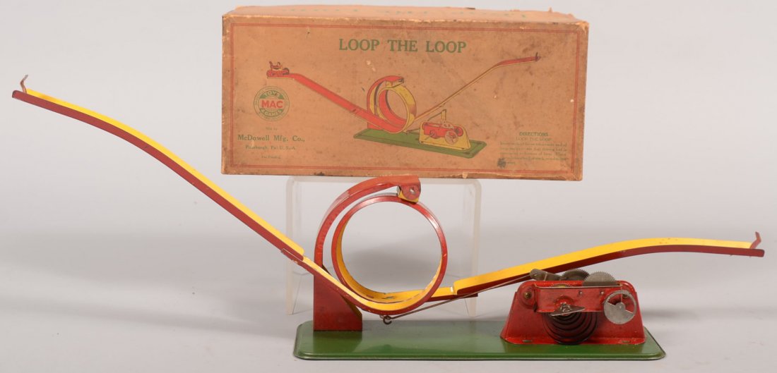 "Loop the Loop" Painted Steel Coaster Toy. Toy, wi: "Loop the Loop" Painted Steel Coaster Toy. Toy, with original carton, produced by McDowell Mfg. Co., Pittsburgh, PA. Green base with red and yellow wind-up motor and track assembly. Assembled: 25 1/2"
