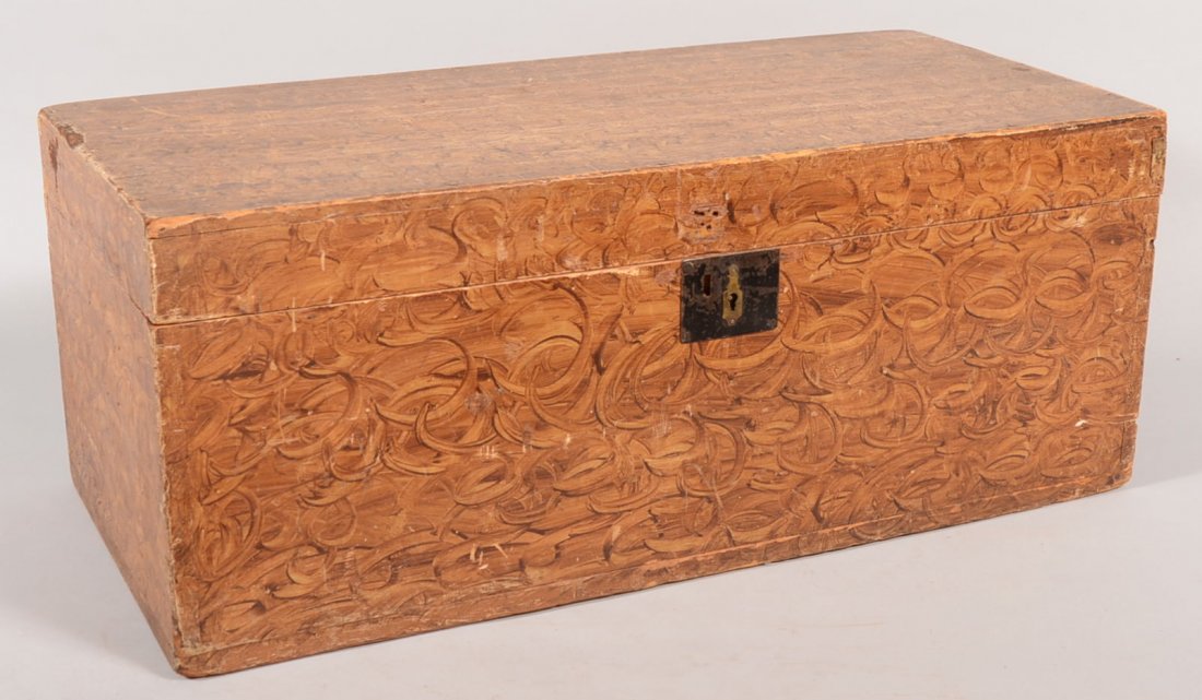 Paint Decorated Wood Lock Box. Brown paint swirls : Paint Decorated Wood Lock Box. Brown paint swirls throughout exterior surface of dovetailed box. Butt hinged lid would latch into face mounted lock plate. Unlined. 12"h. X 30"w. X 14 1/2"d.