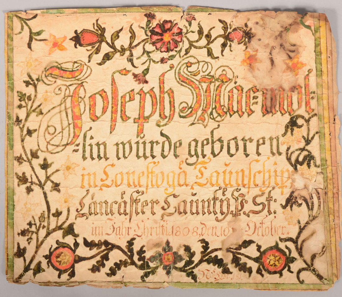 Unframed PA. German Fraktur Taufschein. Edge trimm: Unframed PA. German Fraktur Taufschein. Edge trimmed with a green border, remnant of a full border of red, yellow and green. Black, green, red and yellow foliage surrounds a text field announcing the
